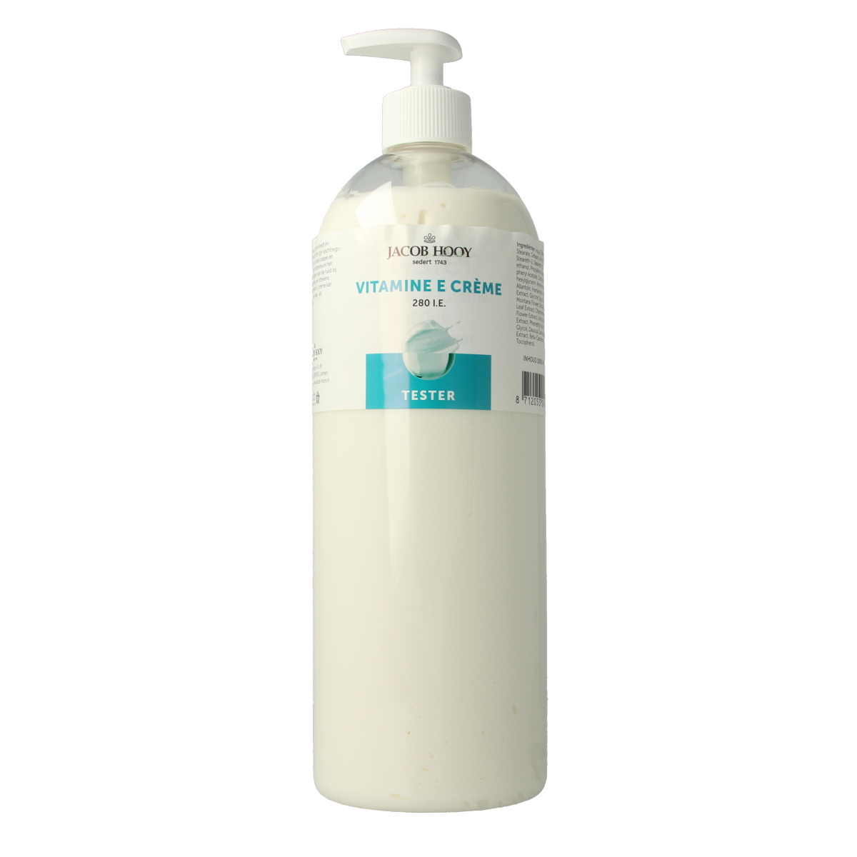 Jacob Hooy Vitamin E body cream 1000ml tester bottle, moisturizing skincare product for body care.