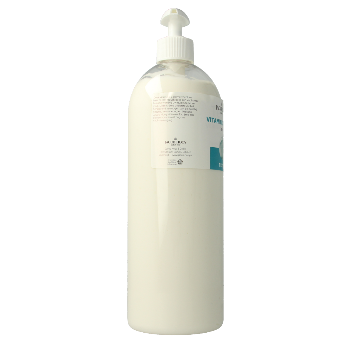 Jacob Hooy Vitamin E body cream in a 1000ml tester bottle, moisturizing and nourishing skincare product.