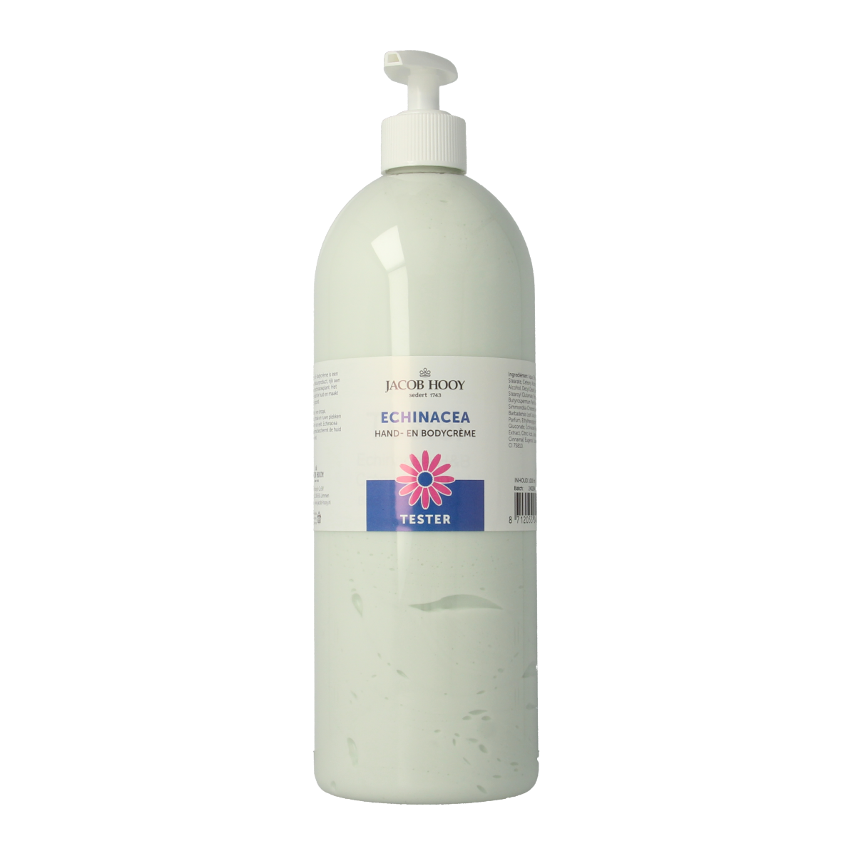 Jacob Hooy Echinacea hand and body cream in 1000ml tester bottle, moisturizing skincare product for hands and body.