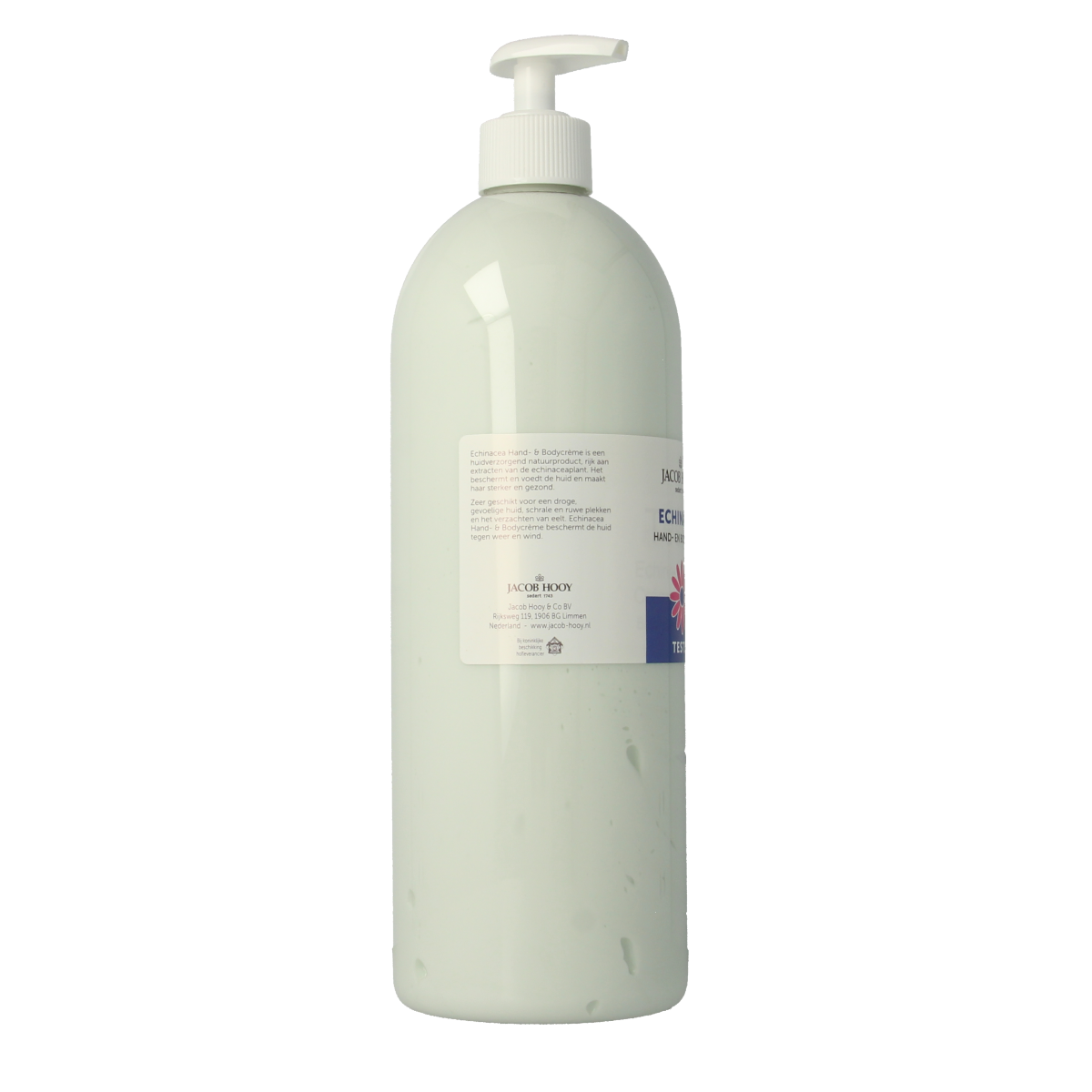 Jacob Hooy Echinacea hand and body cream in 1000ml tester bottle, moisturizing body care product with herbal ingredients.