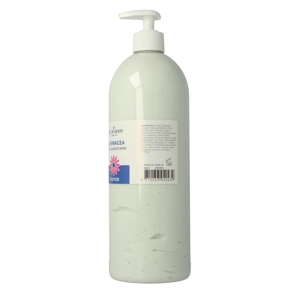 Jacob Hooy Echinacea hand and body cream in 1000ml tester bottle, moisturizing skincare for hands and body.