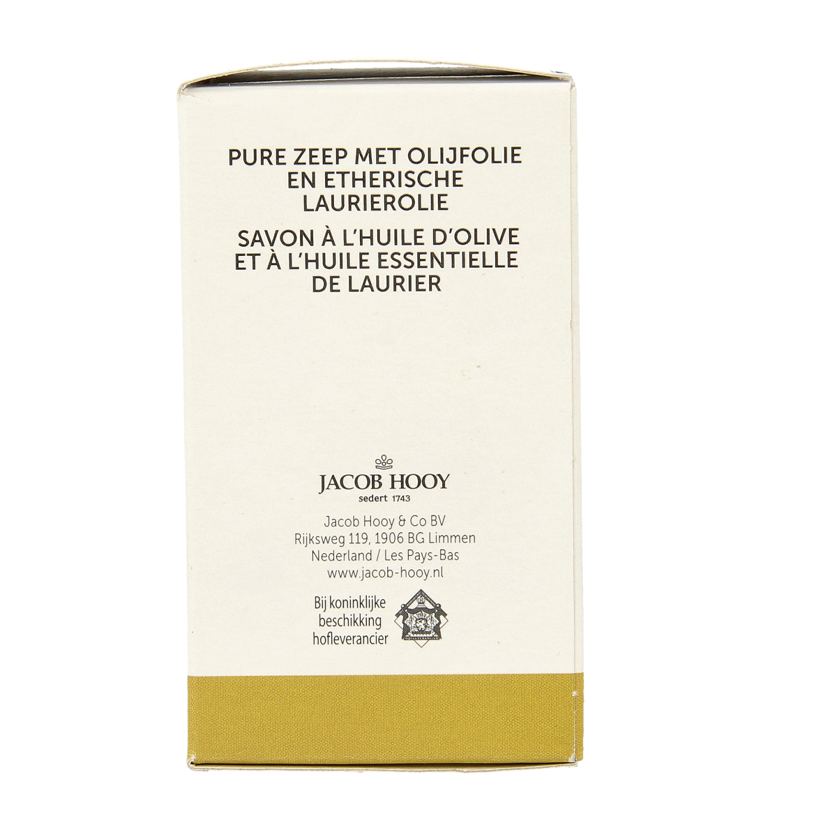 Jacob Hooy olive soap bar, natural skincare product with olive oil, shown in a simple packaging image.