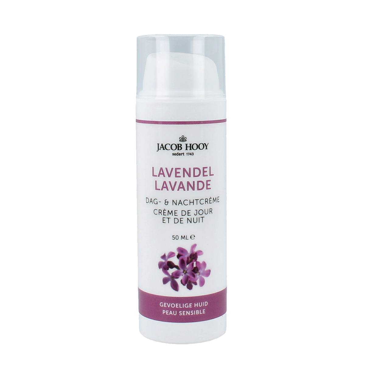 Jacob Hooy Lavendel dag en nachtcrème in 50ml, gezichtverzorging with lavender scented cream jar and floral design.