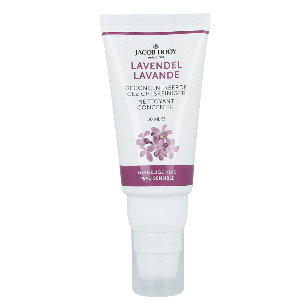 Jacob Hooy Lavendel creamy face cleaner in 50ml bottle, gentle lavender skincare product for facial cleansing and hydration.