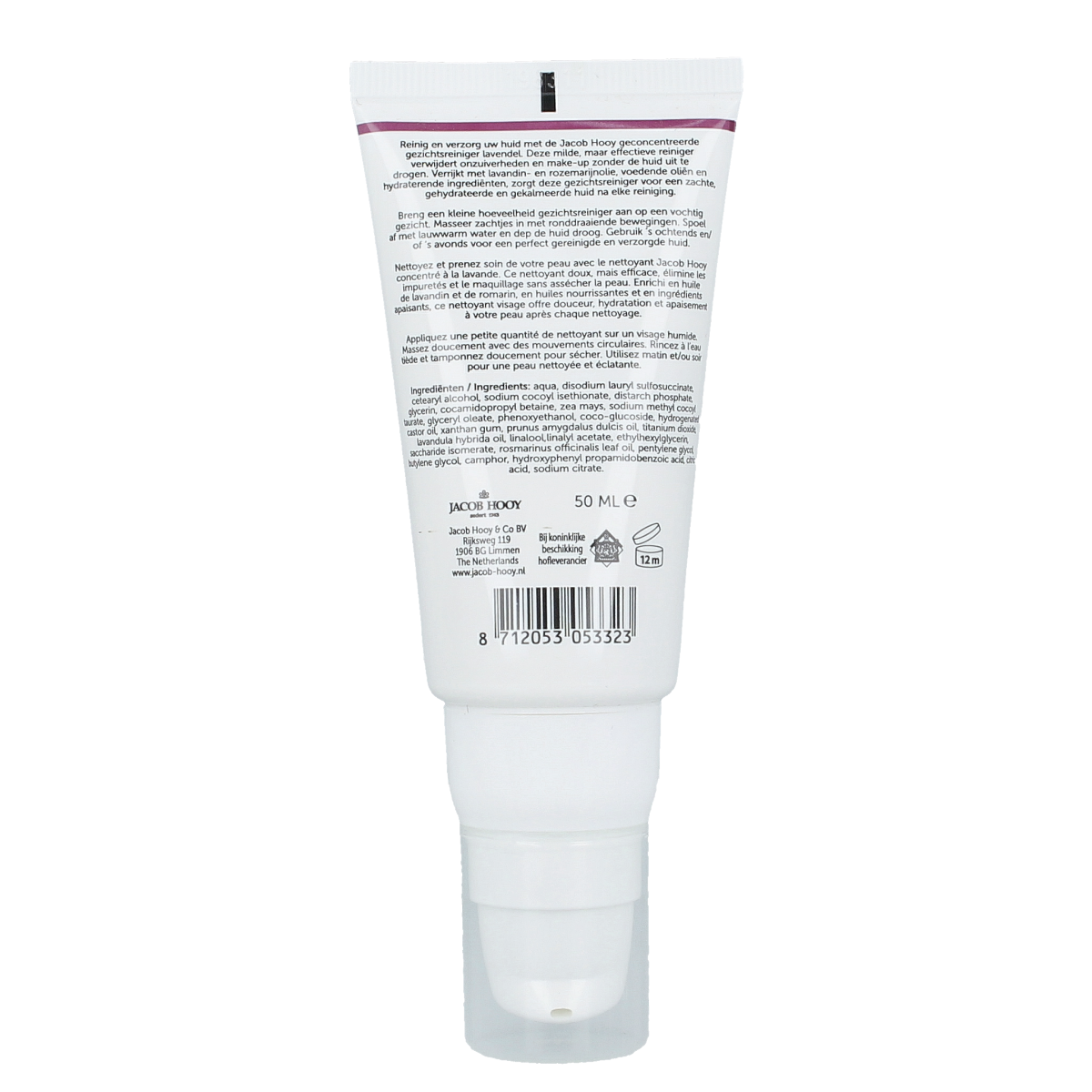 Jacob Hooy Lavendel creamy face cleaner in 50ml bottle, gentle lavender-infused facial cleanser for daily skincare.