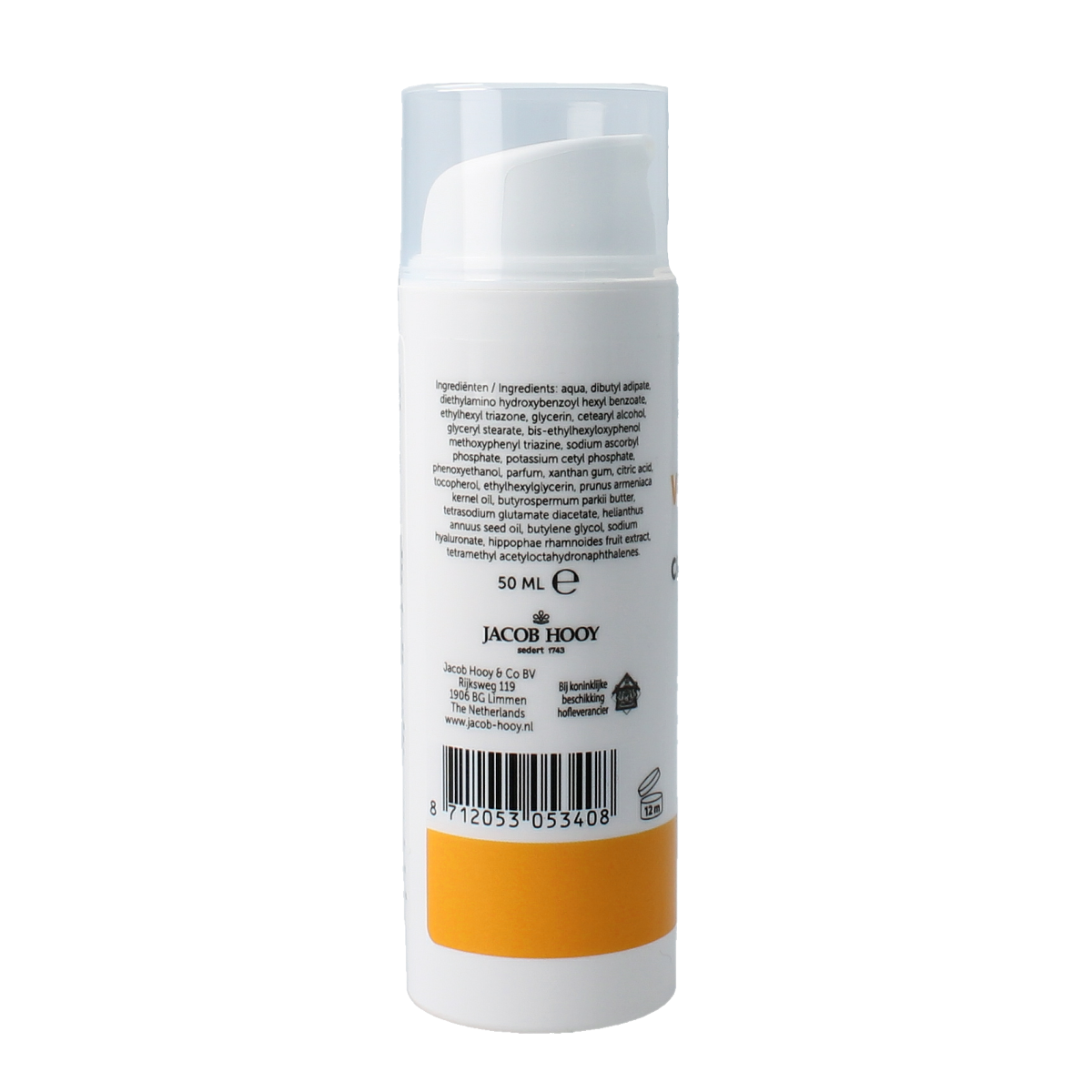 Jacob Hooy Vitamin C day cream SPF30 for face, 50ml, moisturizing skincare with brightening and sun protection.