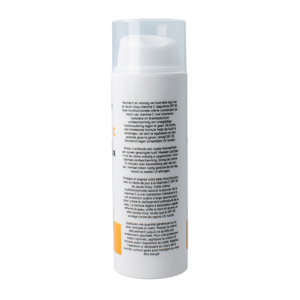 Jacob Hooy Vitamine C dagcrème SPF30, 50ml, gezichtsverzorging with brightening vitamin C and sun protection in a white tube.
