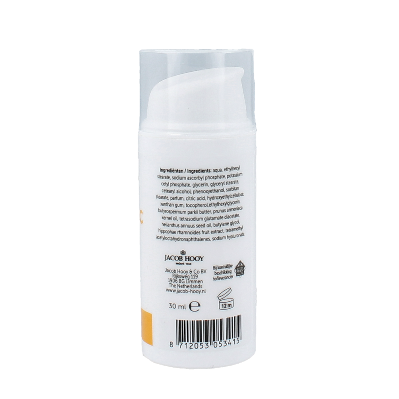 Jacob Hooy Vitamin C serum in a 30ml bottle, facial skincare product with orange and clear packaging, for brightening and revitalizing skin.