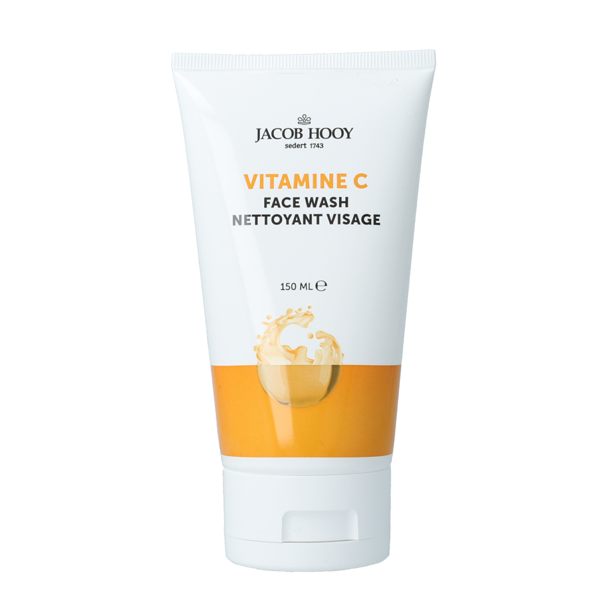 Jacob Hooy Vitamin C facewash bottle with 150ml size, showing the product label and clear plastic packaging.