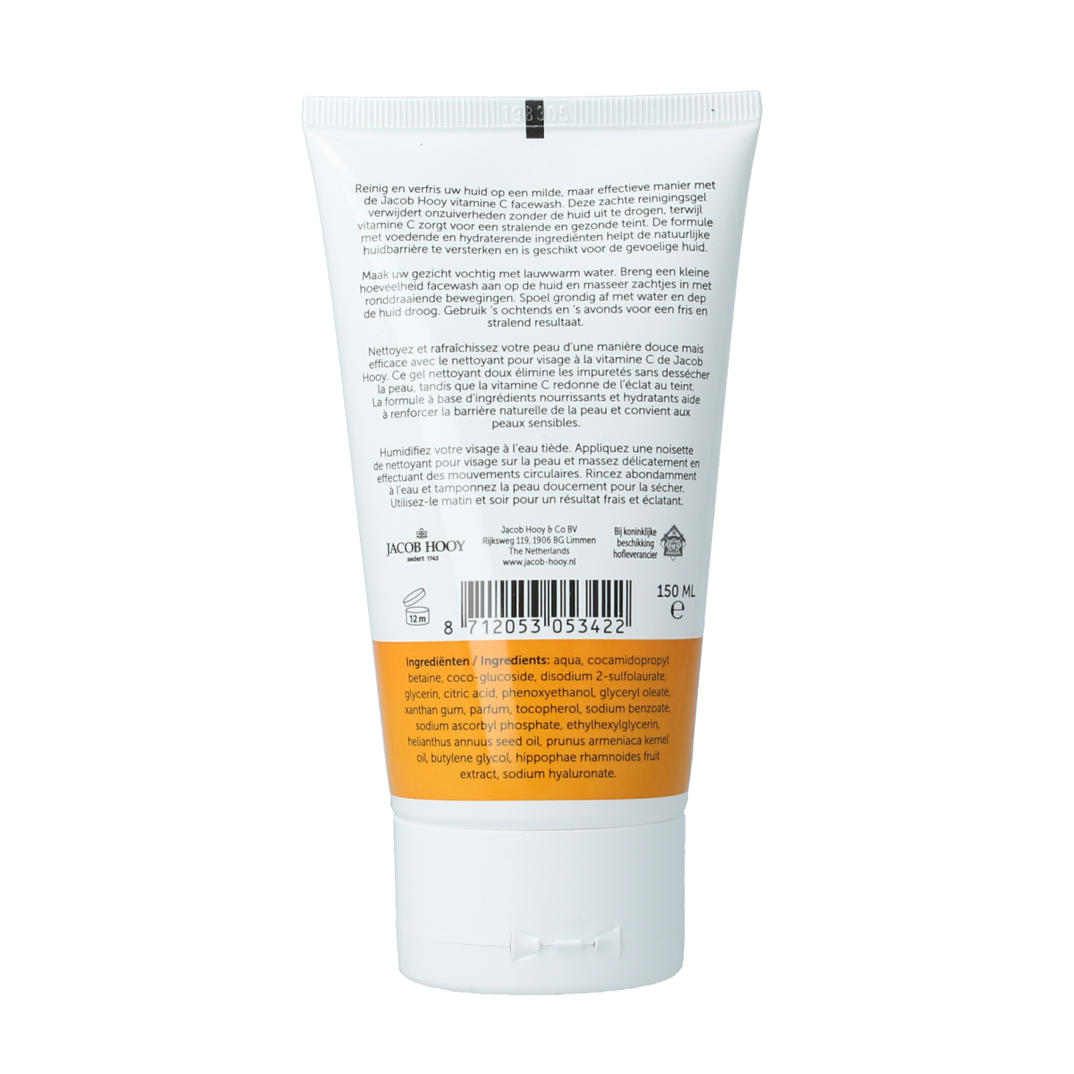 Jacob Hooy Vitamin C facewash in 150ml bottle, gentle facial cleanser for healthy skin, natural skincare product.