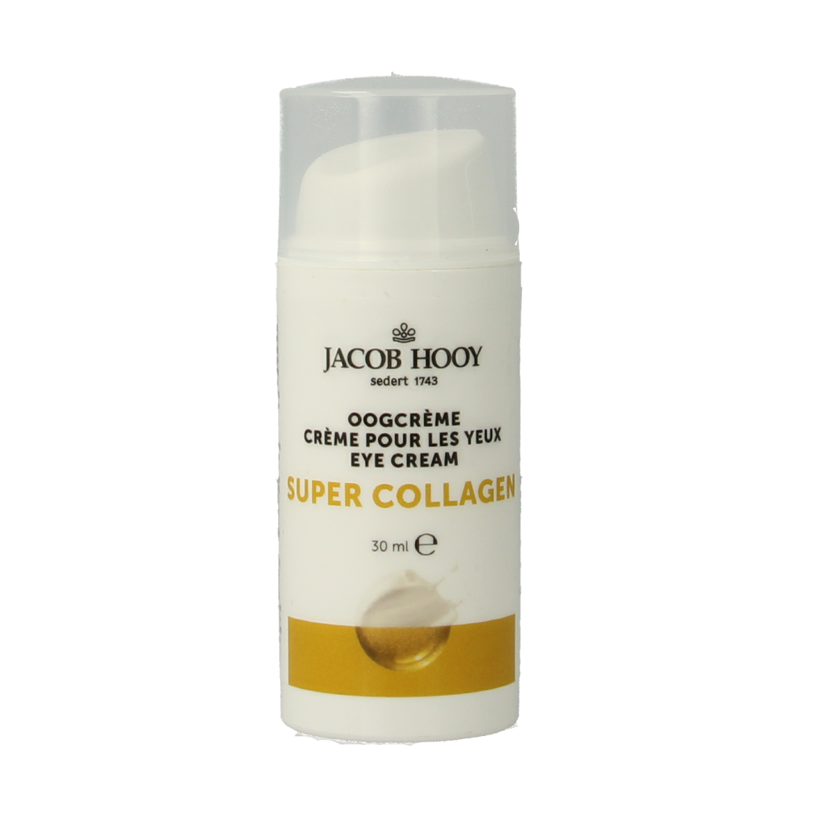 Jacob Hooy Super Collageen eye cream in 30ml jar, an eye care product with collagen for skin nourishment and rejuvenation.