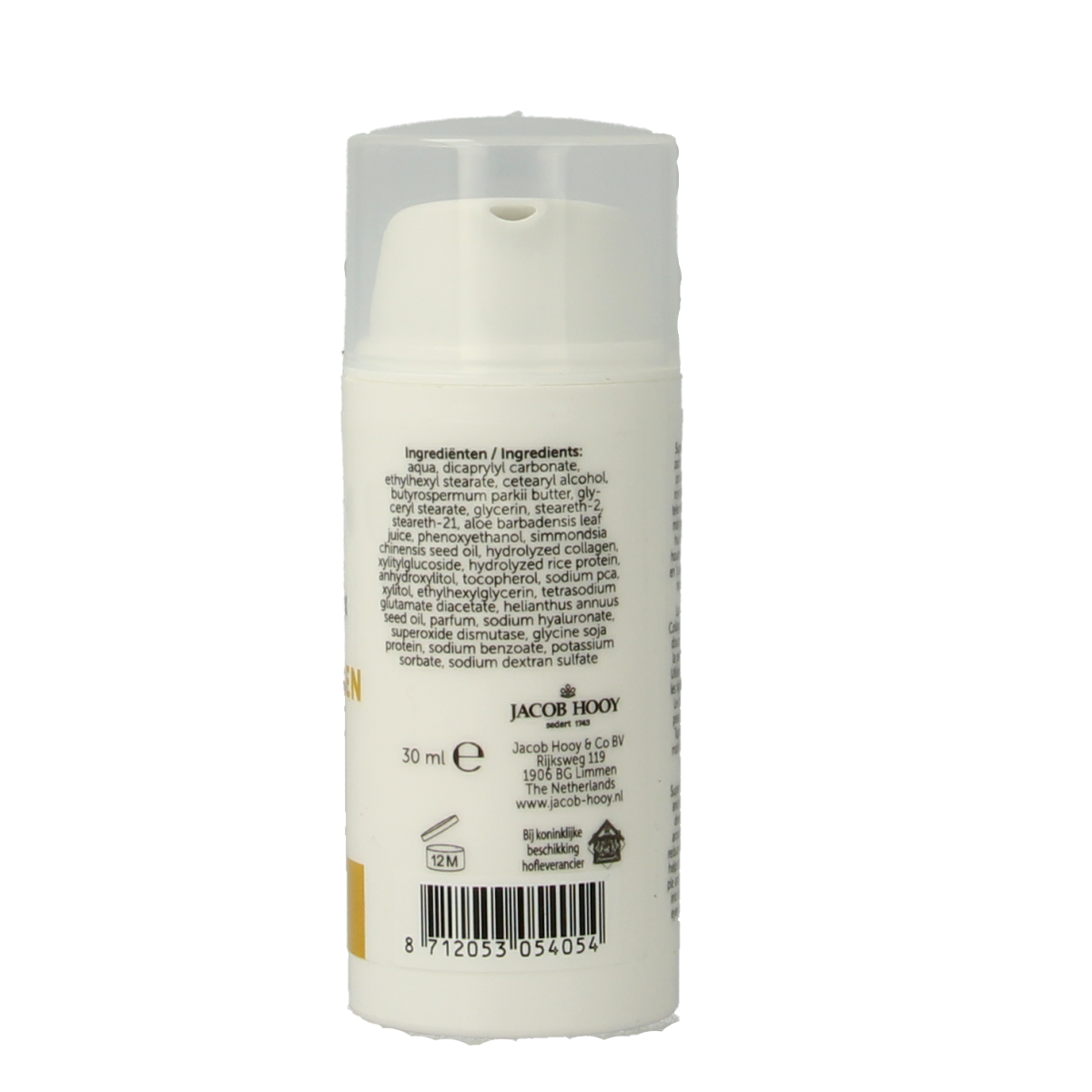 Jacob Hooy Super Collageen eye cream in 30ml jar, featuring a creamy formula for nourishing and hydrating the delicate eye area.