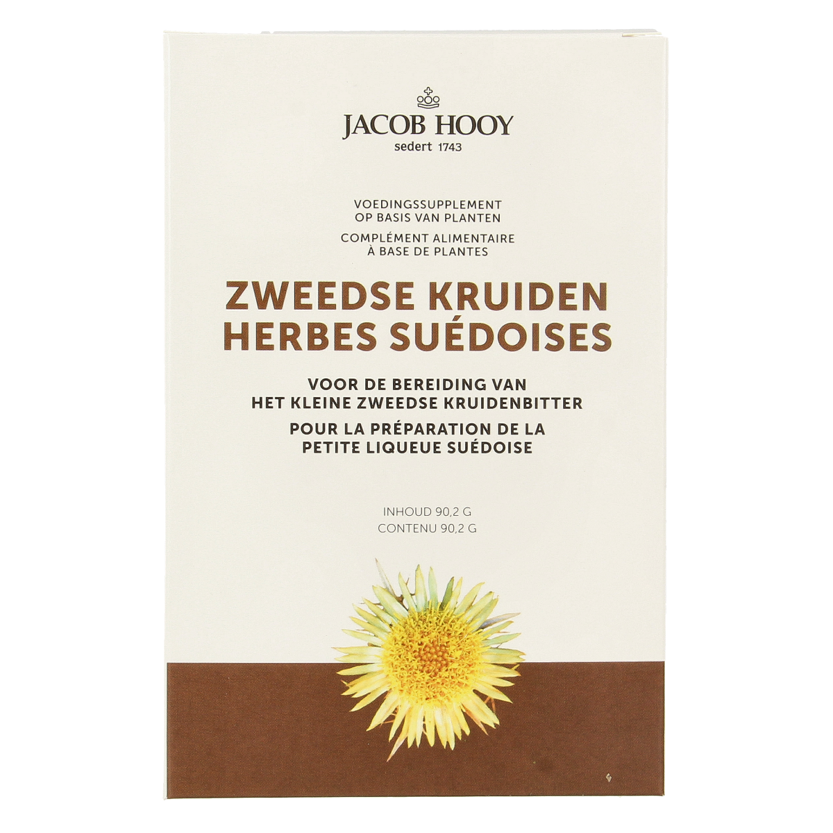 Jacob Hooy Zweedse kruiden klein met kamfer in 90.2g package, herbal preparation with aromatic herbs and camphor.