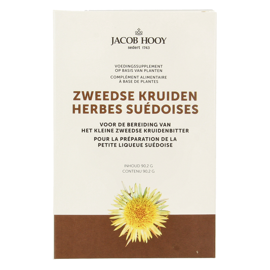 Jacob Hooy Zweedse kruiden klein met kamfer in 90.2g package, herbal preparation with aromatic herbs and camphor.
