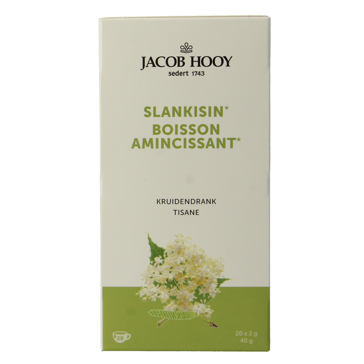 Jacob Hooy Slankisin herbal tea in a box with 20 tea bags, natural slimming and health-boosting herbal blend.