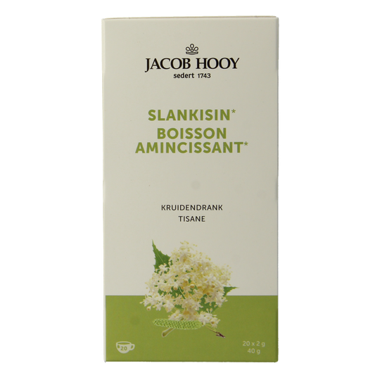Jacob Hooy Slankisin herbal tea in a box with 20 tea bags, natural slimming and health-boosting herbal blend.