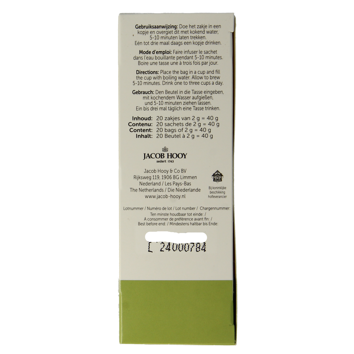 Jacob Hooy Slankisin herbal tea box with 20 tea bags, featuring natural ingredients for weight management.