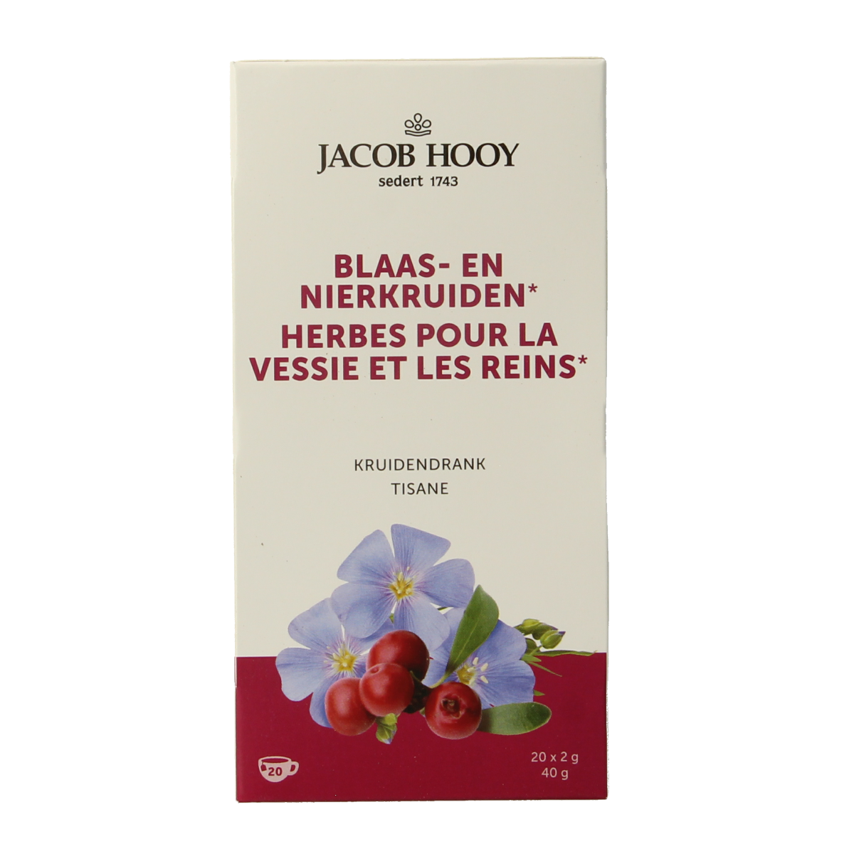 Jacob Hooy Blaas en nierkruiden kruidendrank in a teabag, shown with multiple tea bags on a white background.