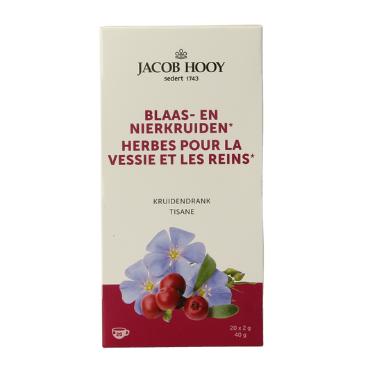 Jacob Hooy Blaas en nierkruiden kruidendrank in a teabag, shown with multiple tea bags on a white background.
