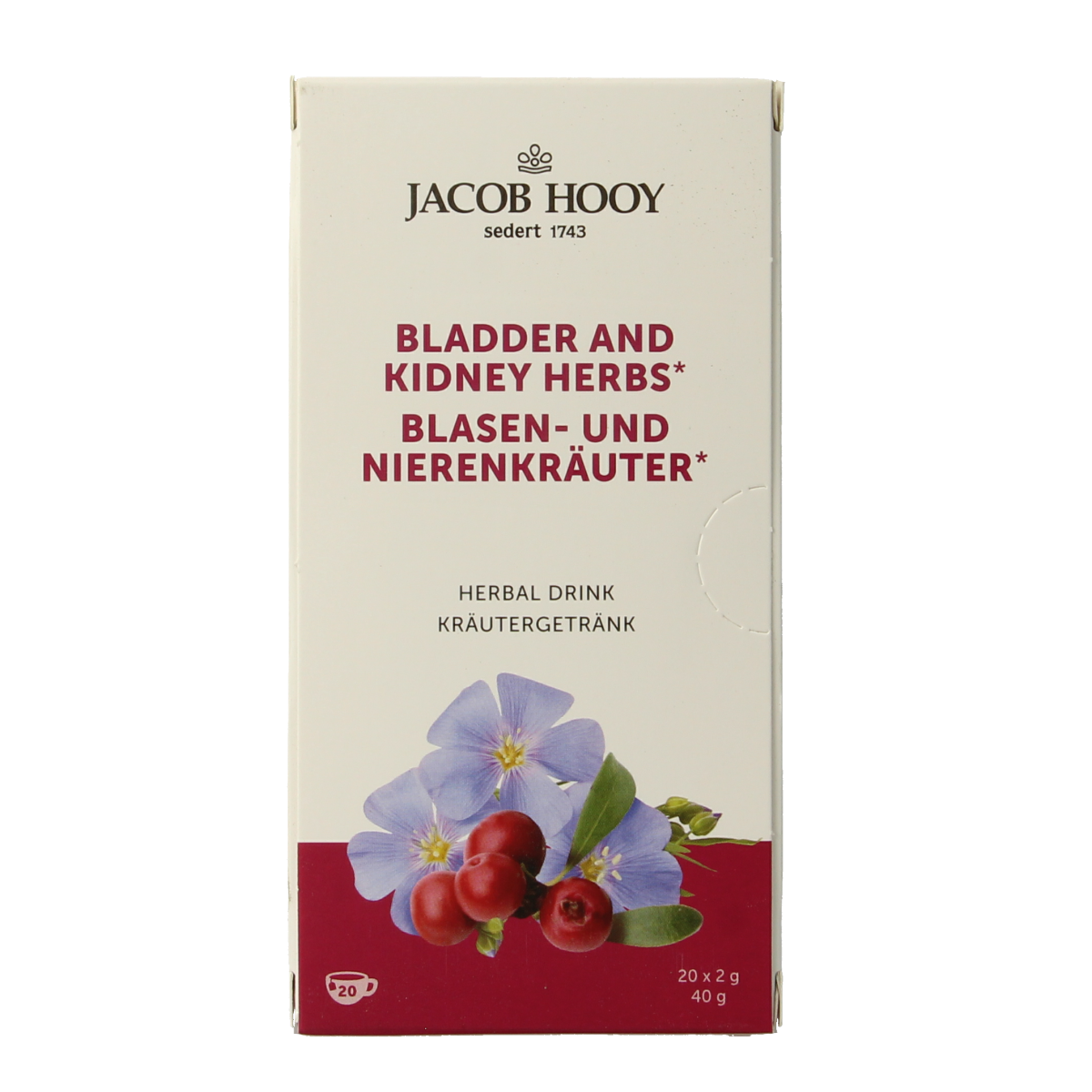 Jacob Hooy Blaas en nierkruiden kruidendrank tea in a box, featuring herbal tea ingredients for respiratory and kidney health.
