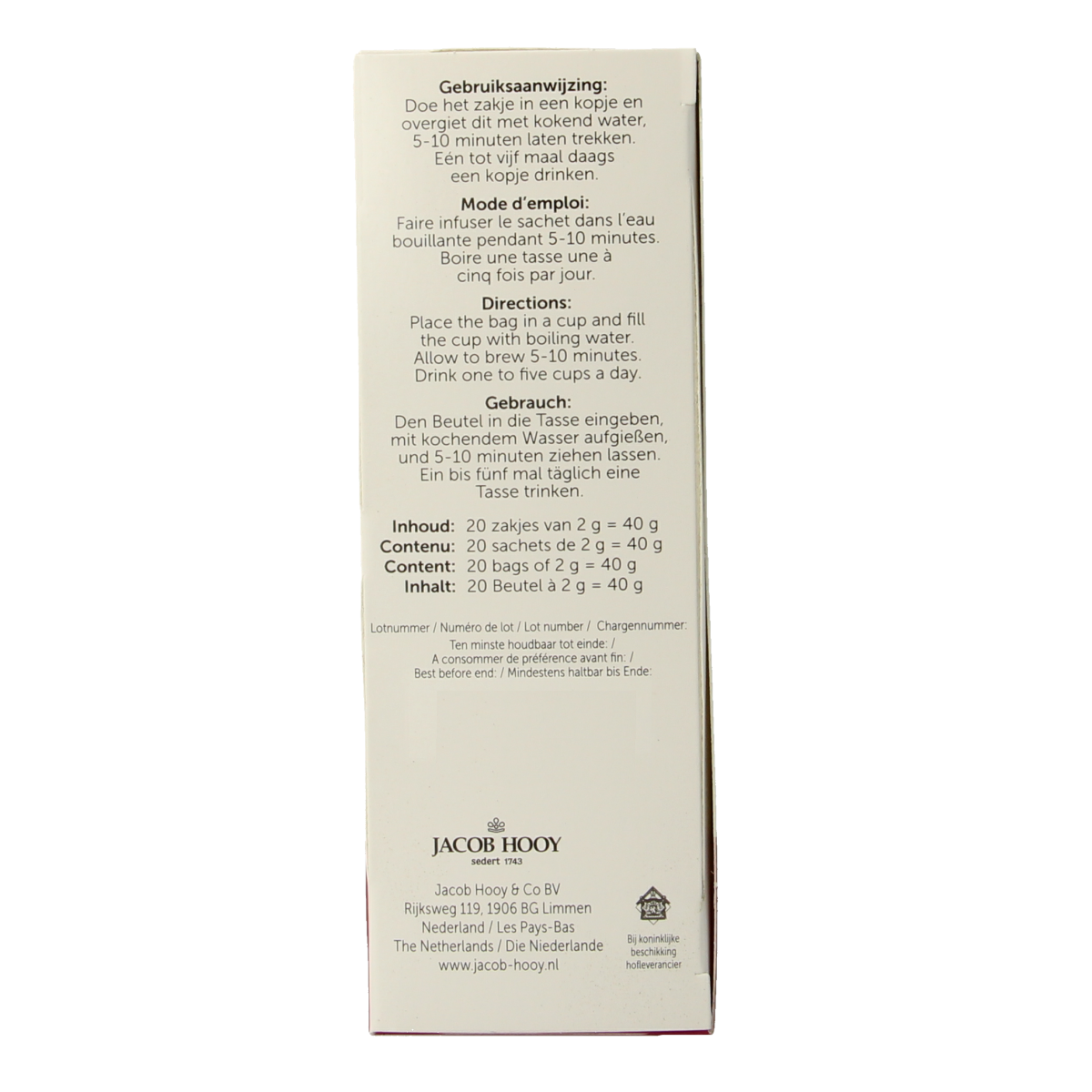Jacob Hooy Blaas en nierkruiden kruidendrank in a box of 20 tea bags, with herbal blend for respiratory and kidney support.