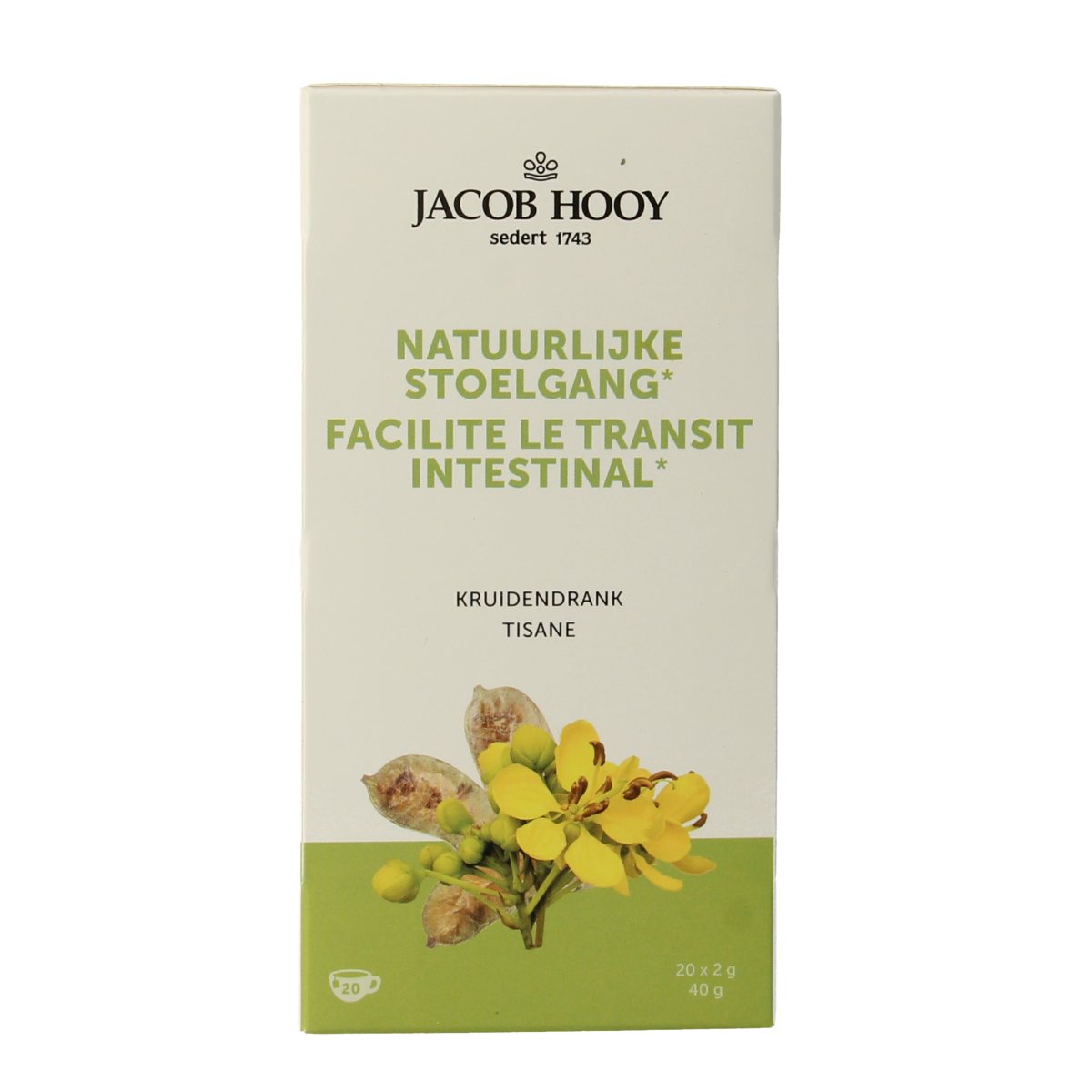 Jacob Hooy natural stool-regularity tea in a box of 20 tea bags, herbal coffee and tea product with packaging and tea bags.