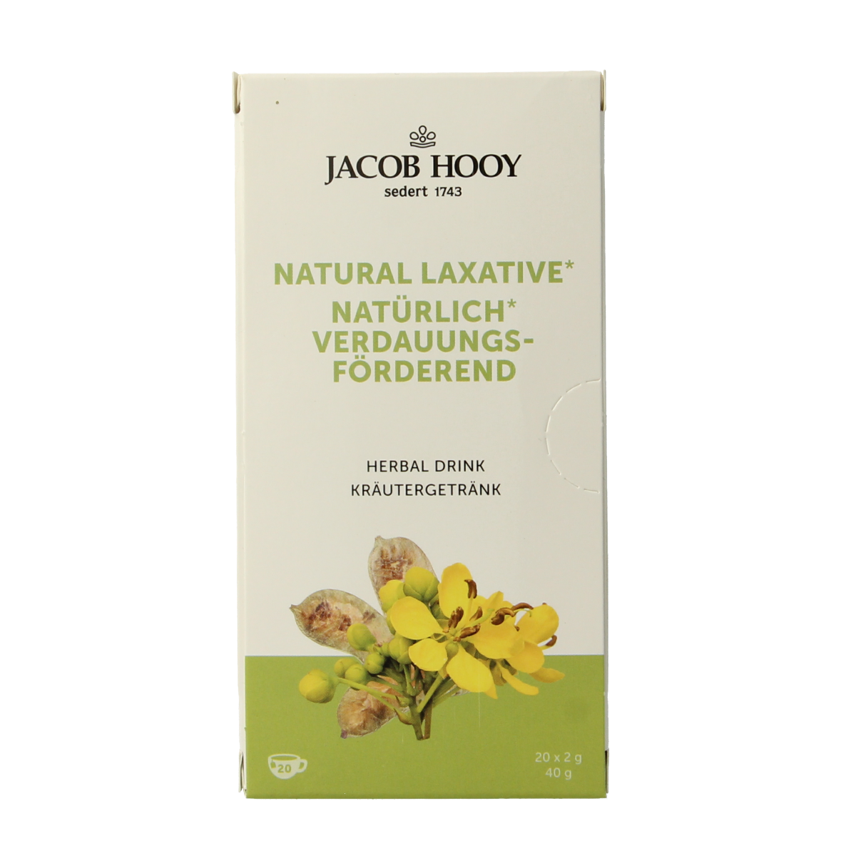 Jacob Hooy Natuurlijke stoelgangsthee in een zakje, natuurlijke thee voor een gezonde spijsvertering, in een verpakte zak.