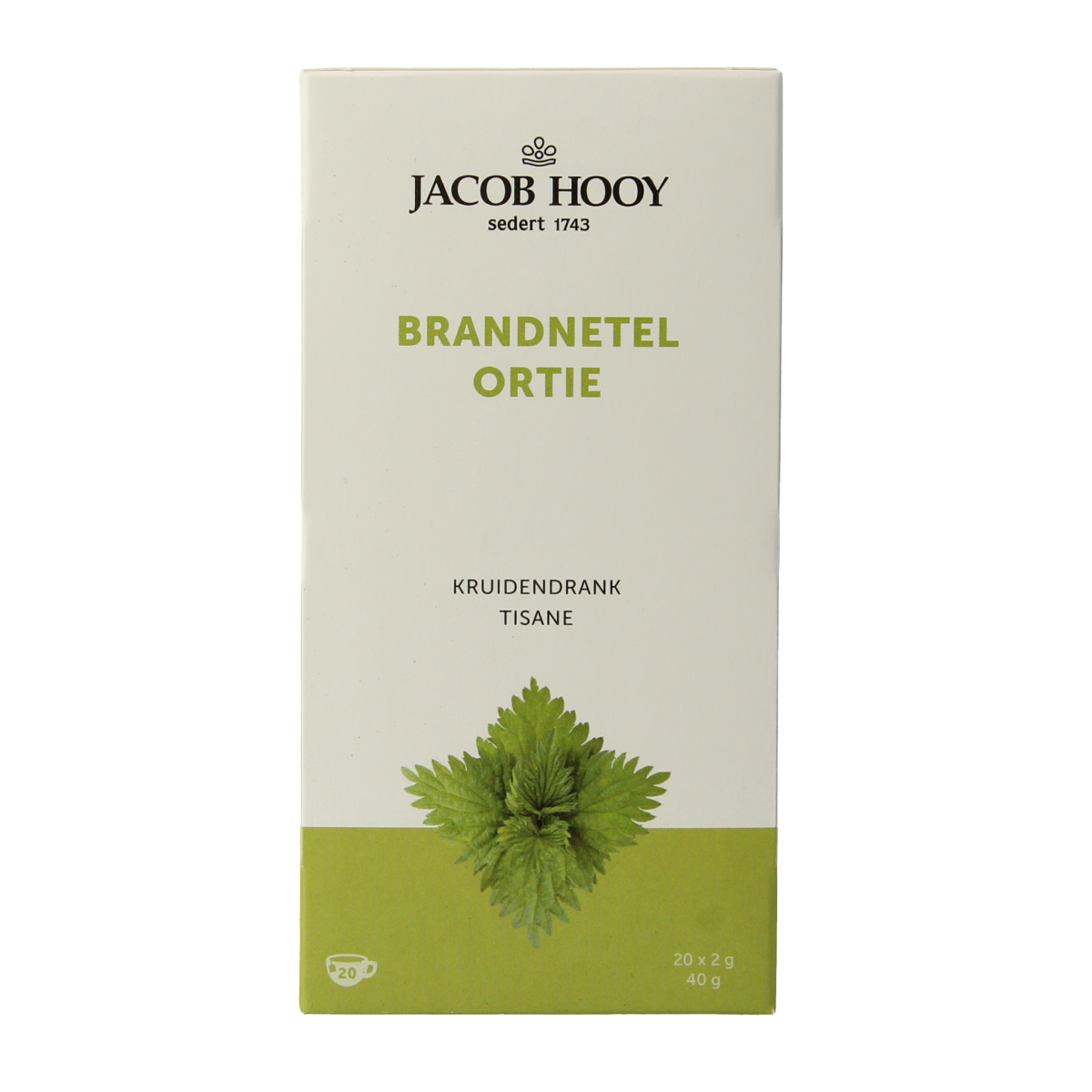 Jacob Hooy Brandnetel tea bags, 20-pack, herbal infusions for soothing tea, in a clear package showing tea bags and branding.