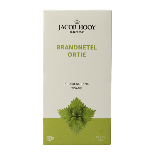Jacob Hooy Brandnetel tea bags, 20-pack, herbal infusions for soothing tea, in a clear package showing tea bags and branding.