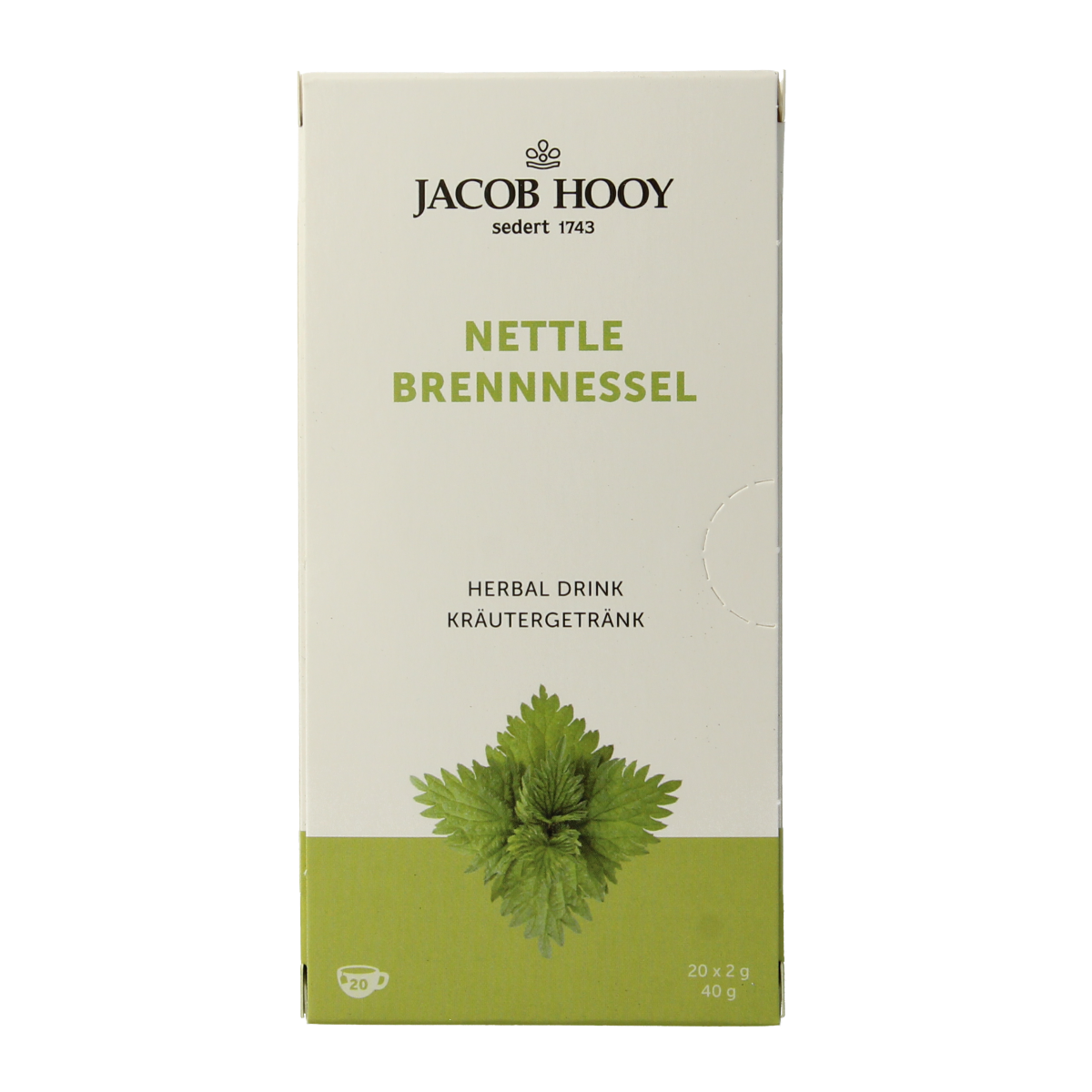 Jacob Hooy brandnetel tea bags, 20 sachets, natural herbal tea for soothing and wellness.