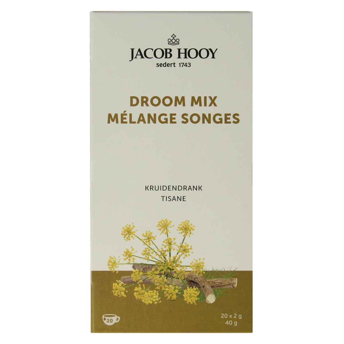 Jacob Hooy Droommix coffee and tea blend in 20 sachets, featuring a variety of aromatic herbs and spices.