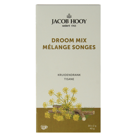 Jacob Hooy Droommix coffee and tea blend in 20 sachets, featuring a variety of aromatic herbs and spices.