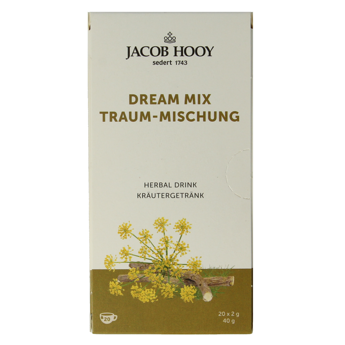 Jacob Hooy Droommix coffee and tea mix in a 20-pack, featuring a blend of aromatic coffee and herbal tea for relaxing moments.