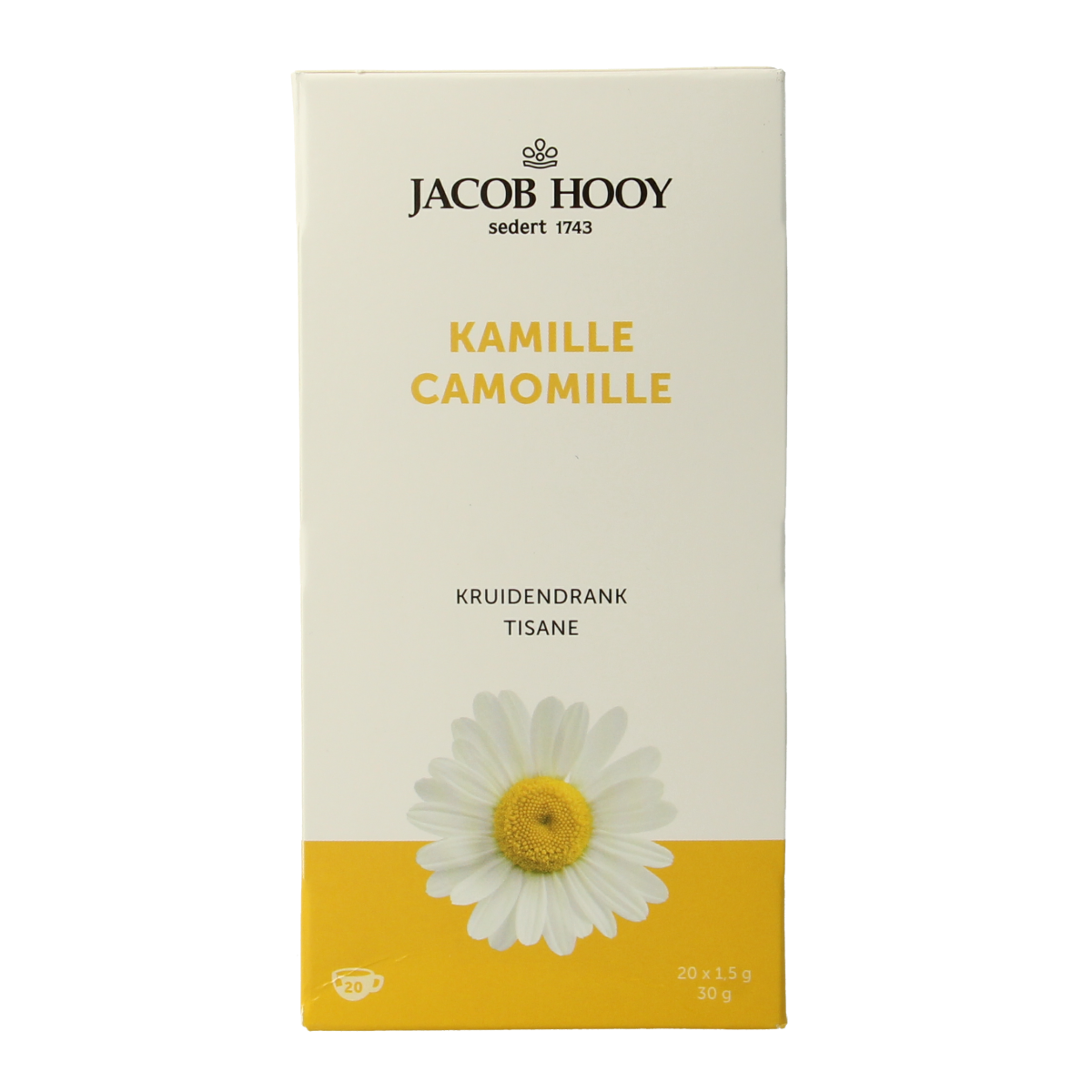 Jacob Hooy Kamillethee with 20 tea bags, chamomile herbal tea in a box, natural calming herbal tea product.