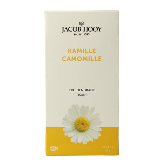 Jacob Hooy Kamillethee with 20 tea bags, chamomile herbal tea in a box, natural calming herbal tea product.