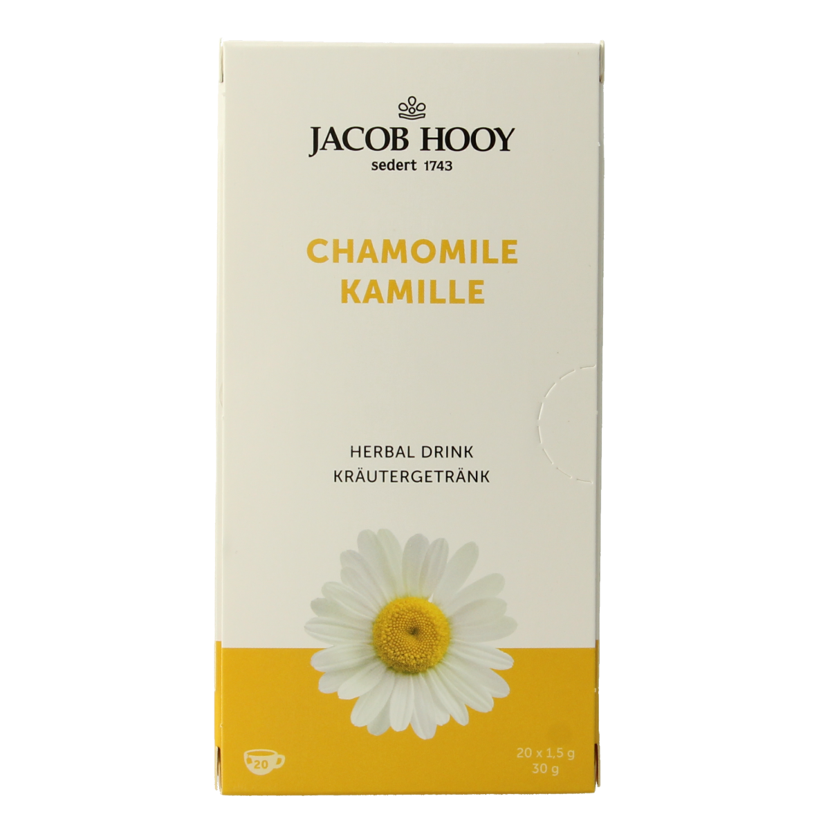 Jacob Hooy Kamillethee tea bags, 20-count, fresh chamomile herbal tea with calming floral aroma in a box.