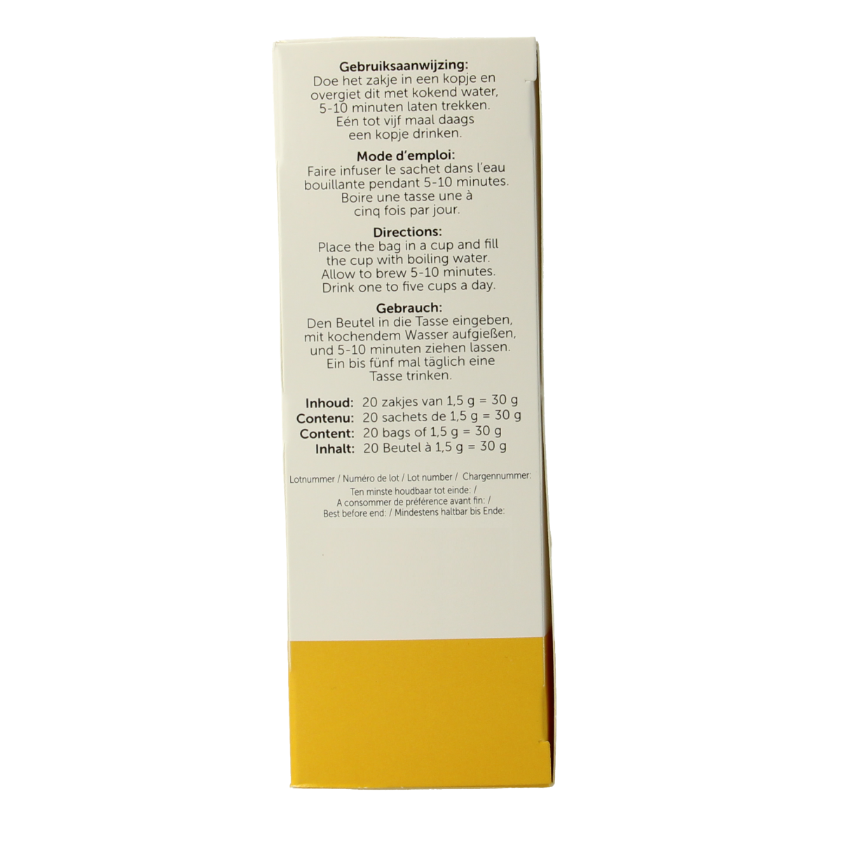 Jacob Hooy Kamillethee in 20 tea bags, showcasing the herbal chamomile tea packaging with a calming floral design.