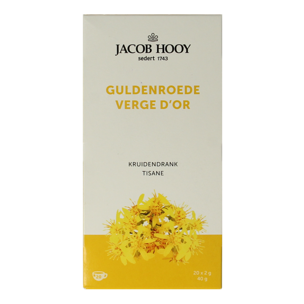 Jacob Hooy Guldenroede tea in a box with 20 tea bags, showcasing the packaging and branding of the herbal tea product.