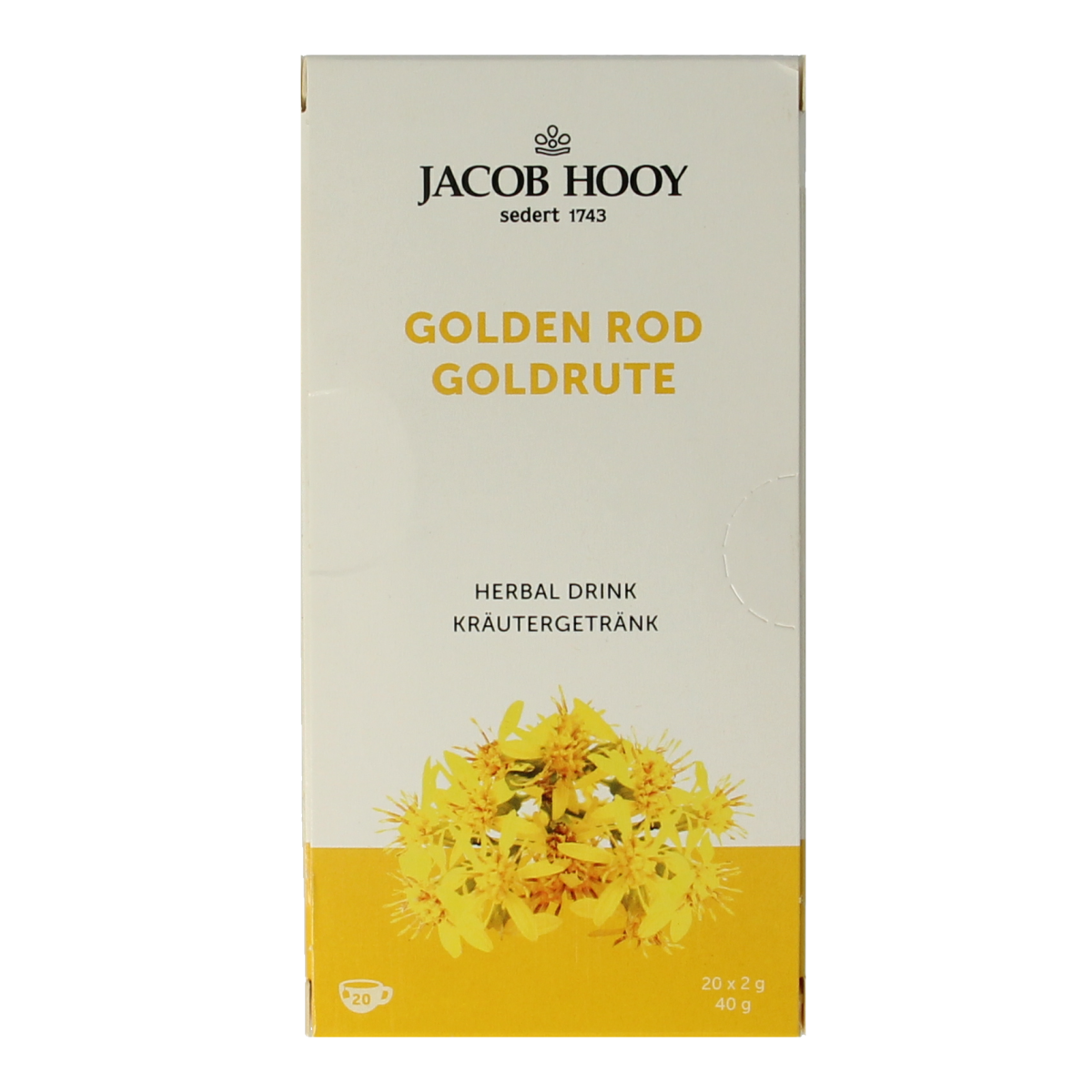 Jacob Hooy Guldenroede tea in a 20-pack, featuring dried herbal tea leaves in a resealable bag.