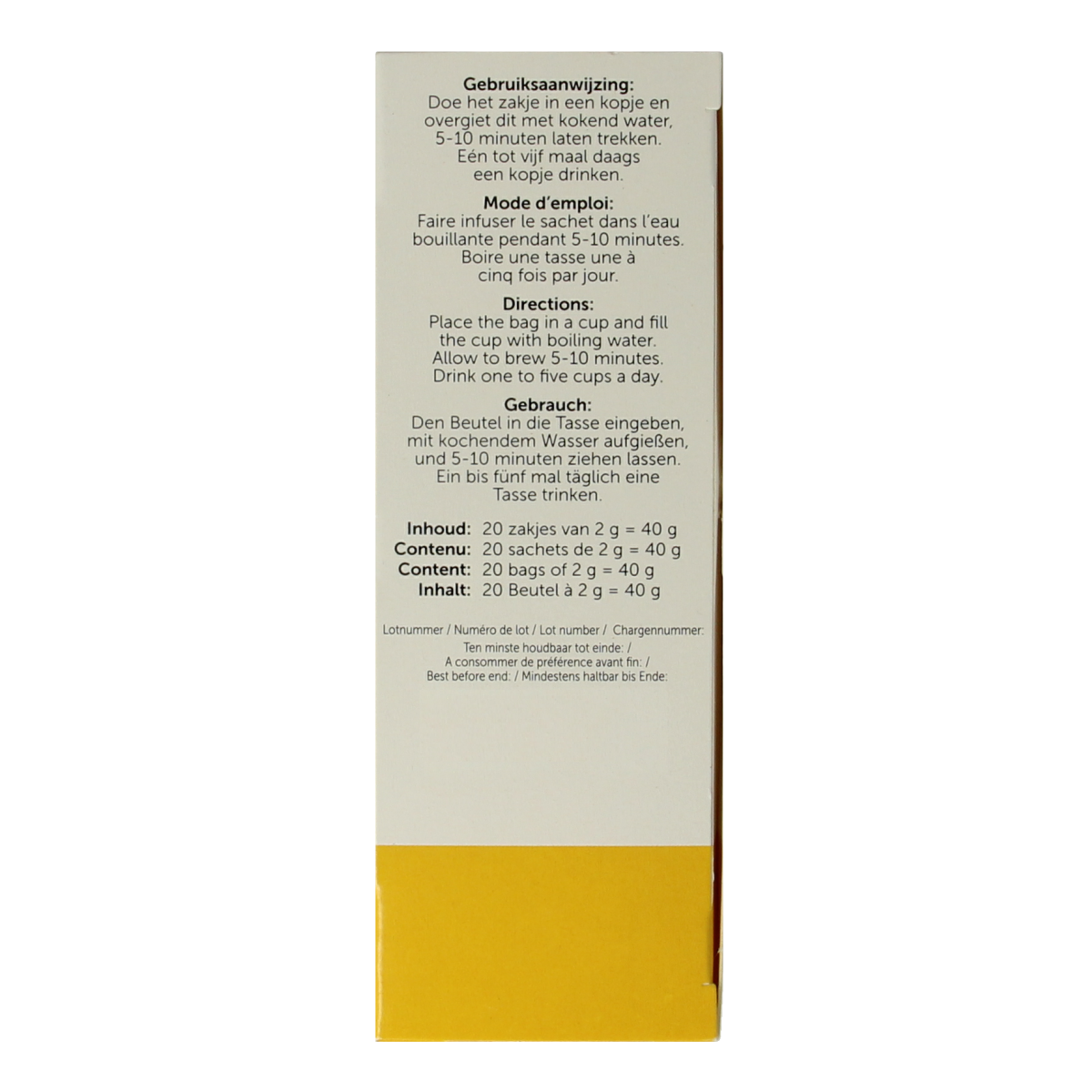 Jacob Hooy Guldenroede tea sachets, 20-pack, in a colorful box, featuring traditional herbal tea blend and natural ingredients.