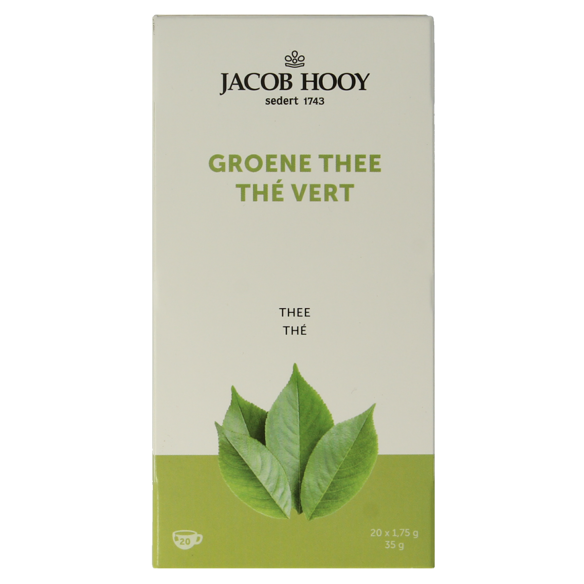 Jacob Hooy green tea in a box with 20 tea bags, natural herbal tea from the Koffie en Thee collection.