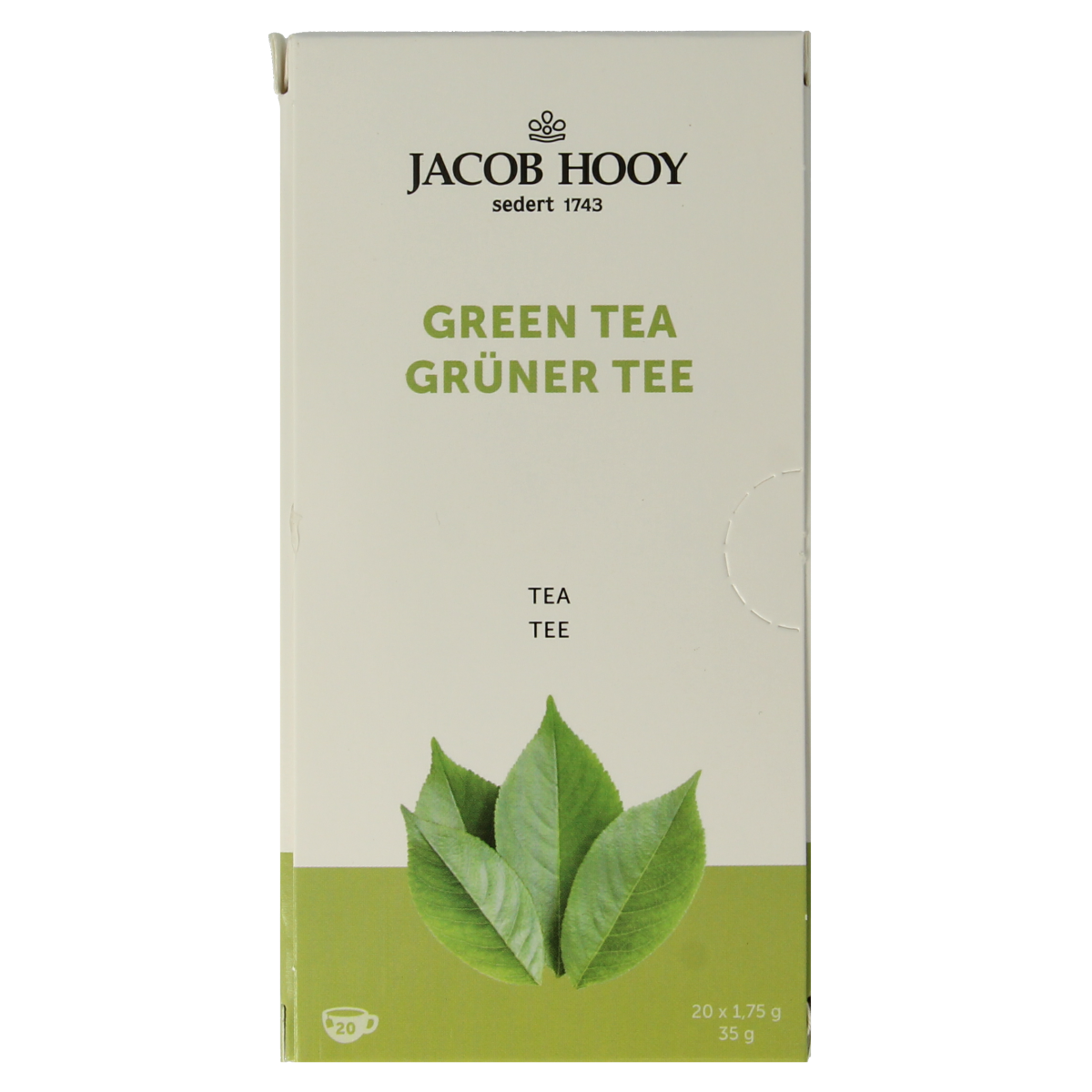 Jacob Hooy green tea bags in a box, 20 tea sachets, natural herbal tea product from Jacob Hooy, ideal for brewing green tea.