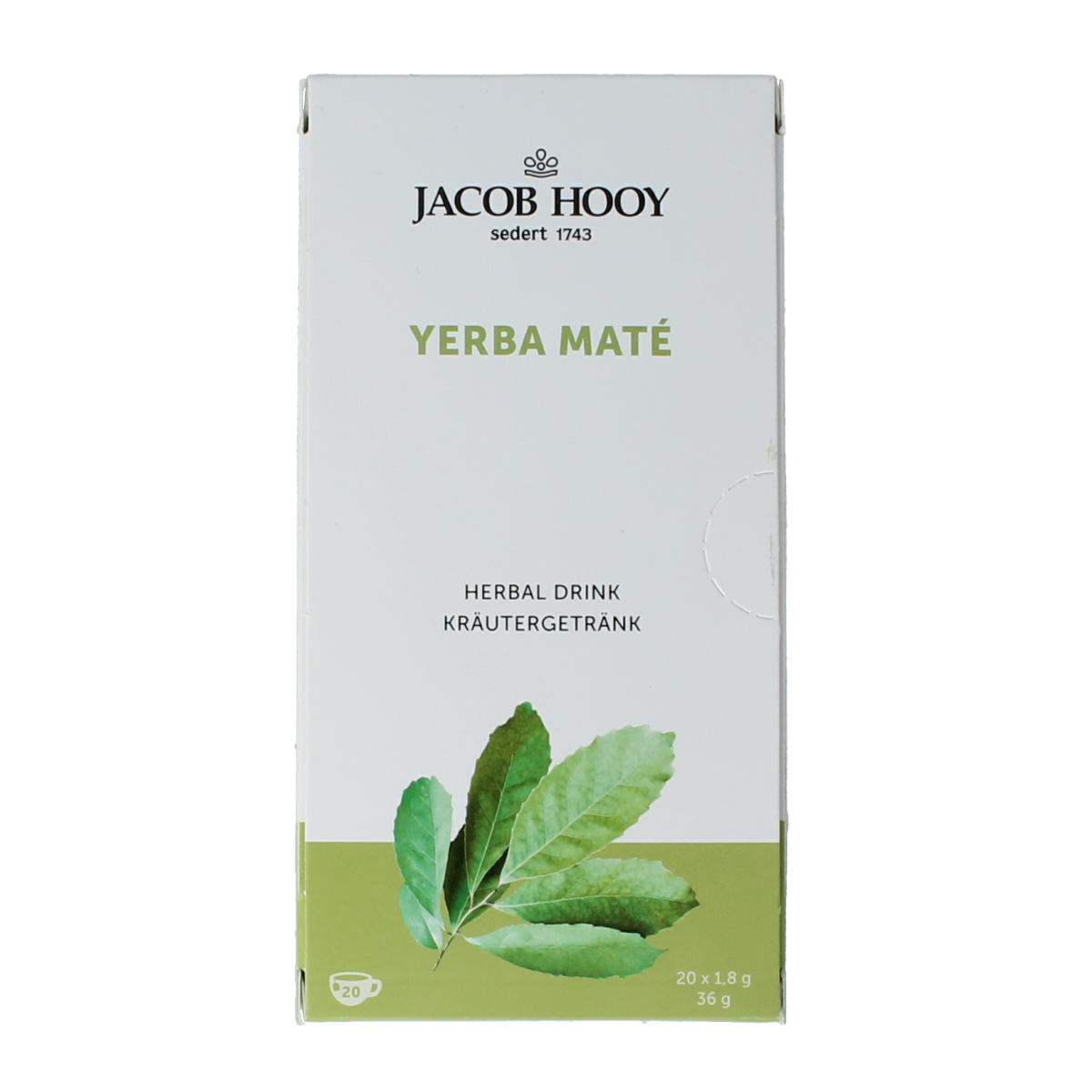 Jacob Hooy Yerba Mate tea in 20 tea bags, natural herbal infusion for energizing and refreshing beverages.