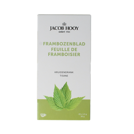 Jacob Hooy Kruidendrank frambozenblad herbal tea bags, 20-pack, natural raspberry leaf tea for brewing.