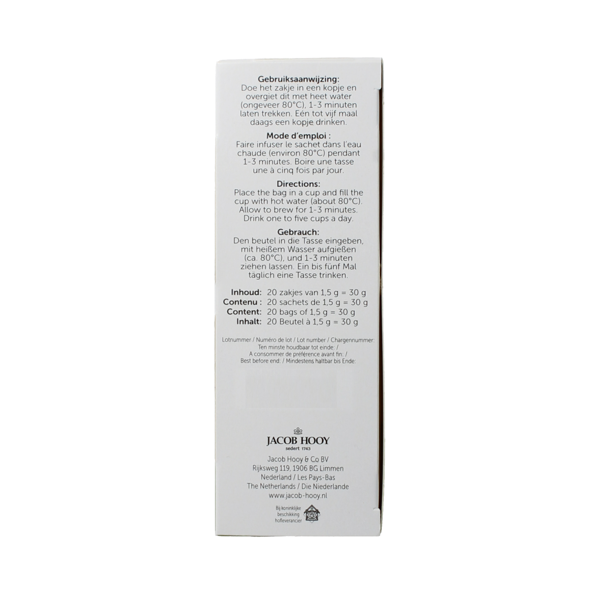Jacob Hooy Kruidendrank frambozenblad tea in a 20-gram packet, featuring fresh raspberry leaf herbal tea ingredients.