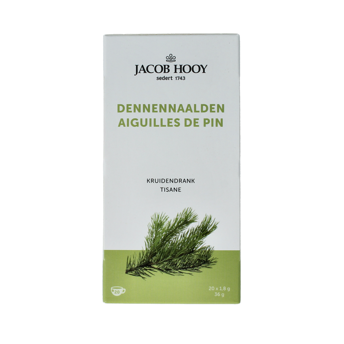 Jacob Hooy Dennennaalden tea bags, 20-count, with dried herb leaves and tea infusions in a box.