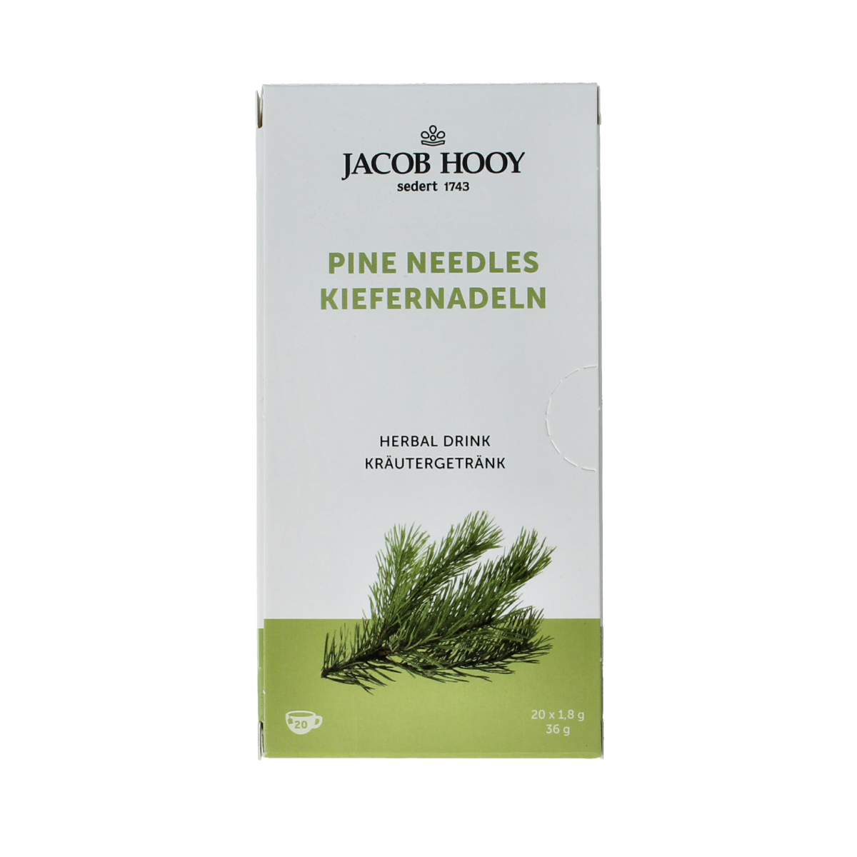 Jacob Hooy Dennennaalden tea sachets, aromatic herbal tea in a 20-pack, from the Jacob Hooy coffee and tea collection.