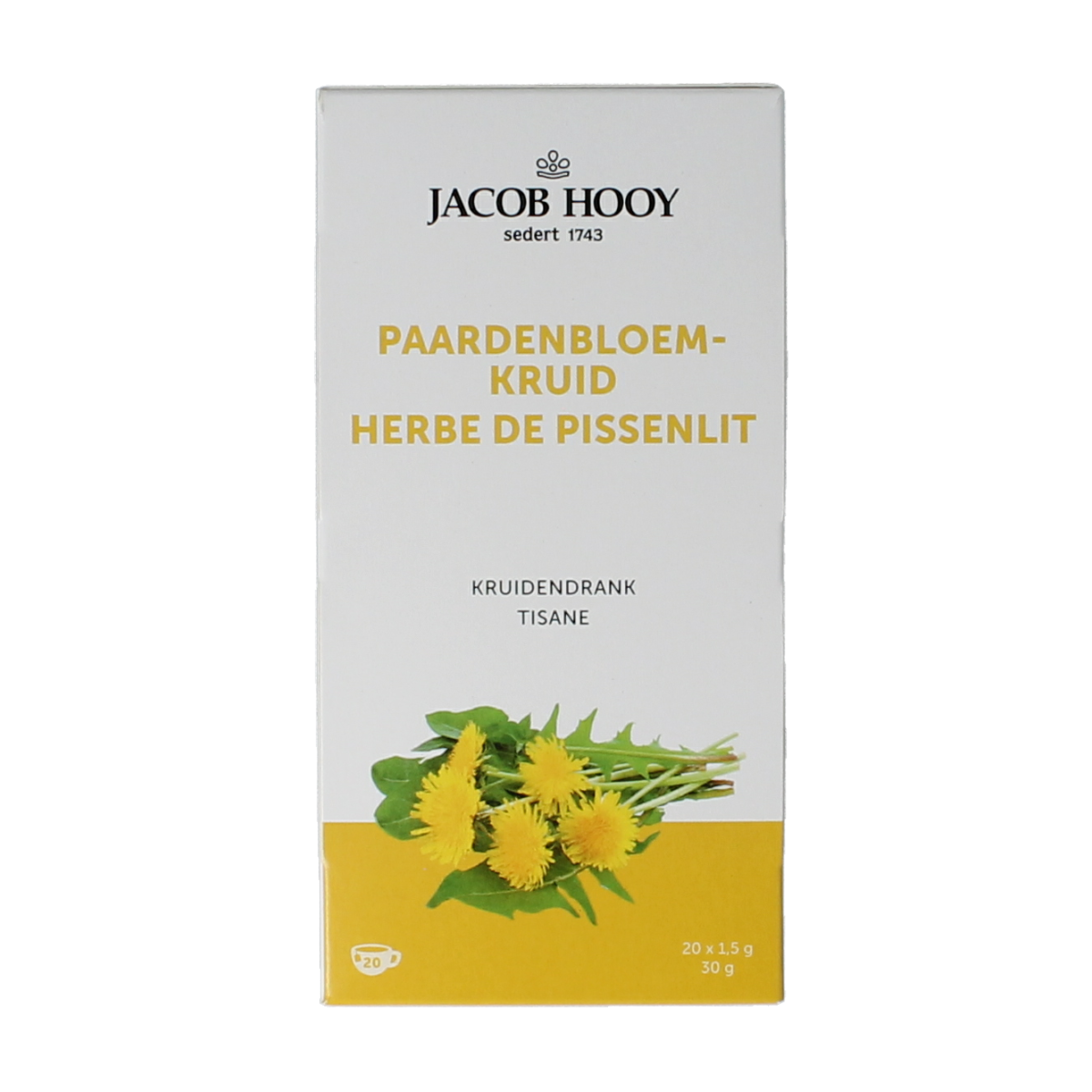 Jacob Hooy herbal tea with dried dandelion leaves in a 20-gram package, ideal for brewing herbal infusions.