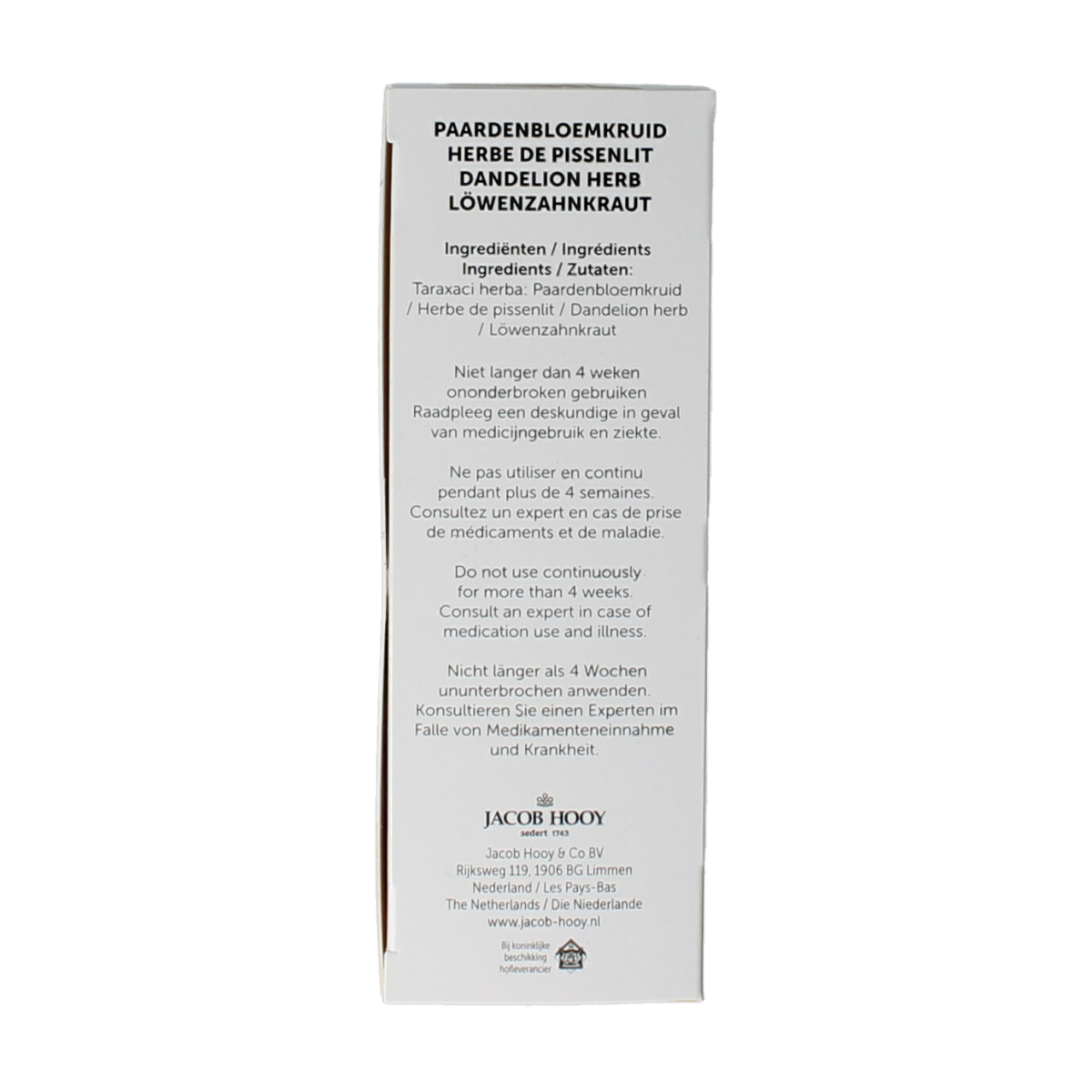 Jacob Hooy Kruidendrank paardenbloem tea in a 20-pack, natural herbal tea made from dried horseweed leaves.