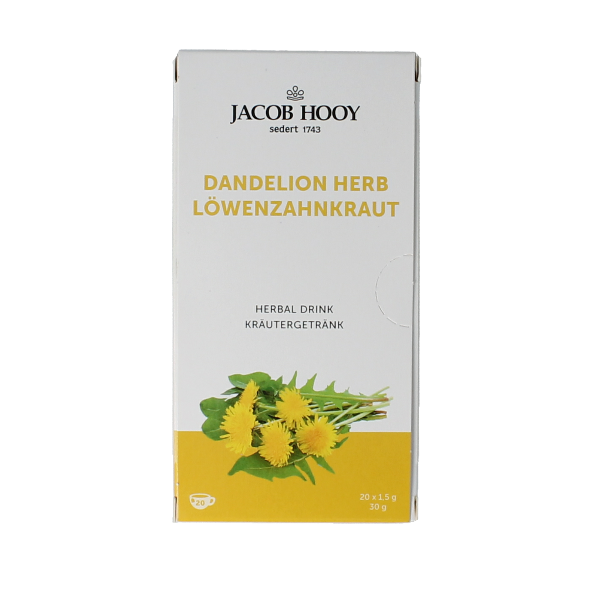 Jacob Hooy Kruidendrank paardenbloem herbal tea in 20 tea bags, featuring dried dandelion herbs in a box.